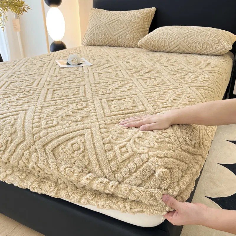 3D Embossed Velvet Bed Cover, Fleece Velvet Mattress Covers,Warmth Bedsheet, European Fitted Sheet, Home Mattress Protector, 1Pc