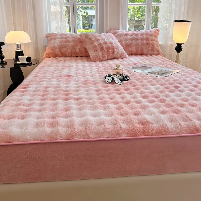 1pc Super Soft Imitation Rabbit Velvet Fitted Sheet Plush Mattress Cover Winter Warm Bedlinen Home Mattress Protector Bed Cover