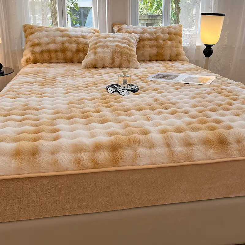 1pc Super Soft Imitation Rabbit Velvet Fitted Sheet Plush Mattress Cover Winter Warm Bedlinen Home Mattress Protector Bed Cover