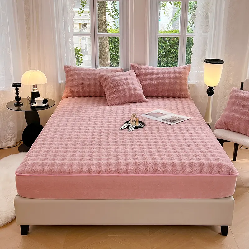 1pc Super Soft Imitation Rabbit Velvet Fitted Sheet Plush Mattress Cover Winter Warm Bedlinen Home Mattress Protector Bed Cover