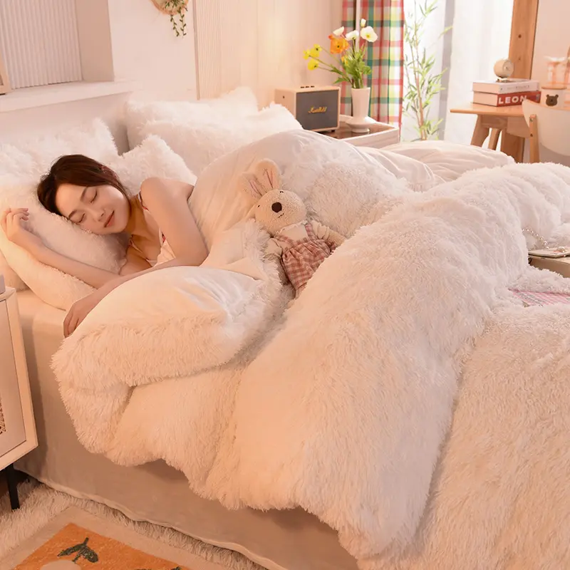 Long Hair Bedding Set,Warm Soft Mink Velvet Duvet/Comforter Cover,Green Quilt Bag,Flannel Sheet,Pillowcase,King Winter Bedding