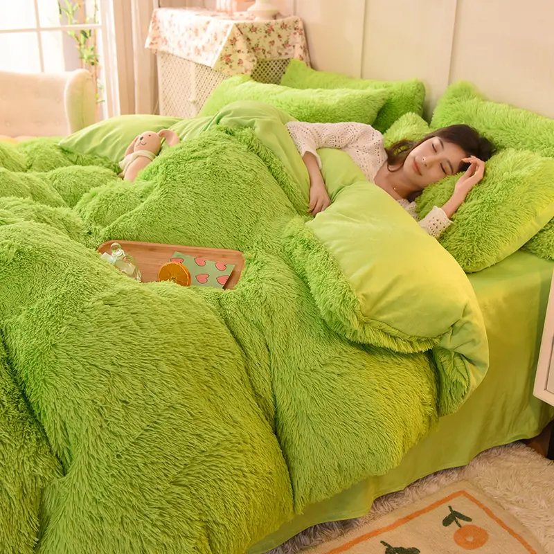 Long Hair Bedding Set,Warm Soft Mink Velvet Duvet/Comforter Cover,Green Quilt Bag,Flannel Sheet,Pillowcase,King Winter Bedding