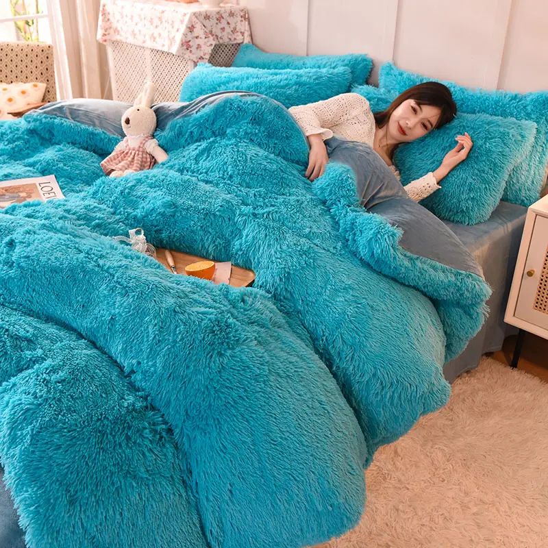 Long Hair Bedding Set,Warm Soft Mink Velvet Duvet/Comforter Cover,Green Quilt Bag,Flannel Sheet,Pillowcase,King Winter Bedding