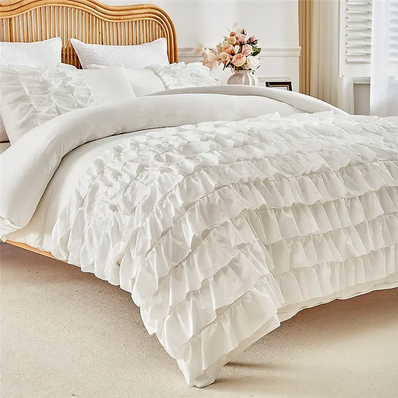 White Wedding Ruffle Duvet Cover Set 2/3pcs Quilt Cover+Pillowcase Home Bedding For All-Seasons Korean Romantic Twin Queen King