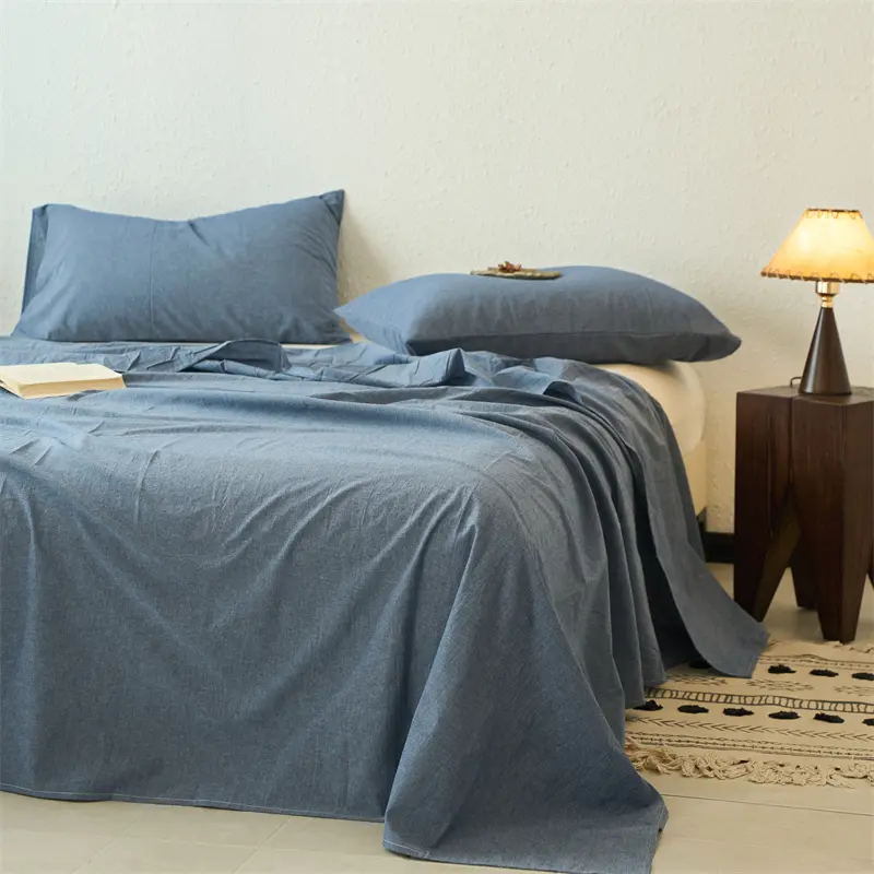 Bed Sheet Set for Summer.Soft Pure washed Cotton Top Sheet with Pillowcase Solid Single/Queen Flat Sheet Sets Home Hotel Linens