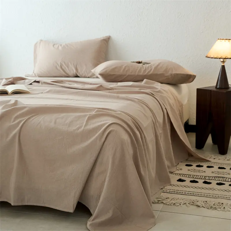 Bed Sheet Set for Summer.Soft Pure washed Cotton Top Sheet with Pillowcase Solid Single/Queen Flat Sheet Sets Home Hotel Linens