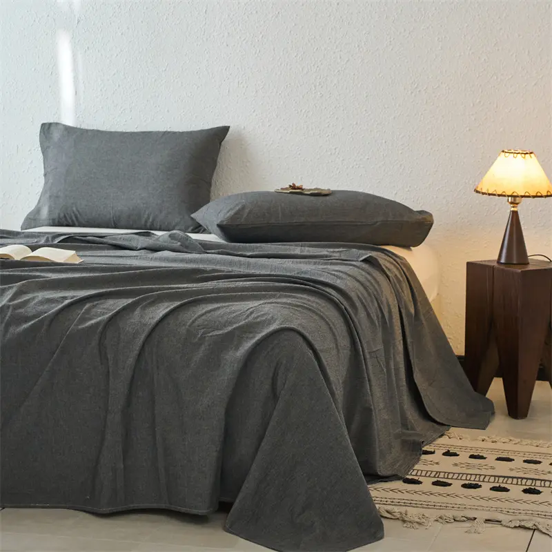 Bed Sheet Set for Summer.Soft Pure washed Cotton Top Sheet with Pillowcase Solid Single/Queen Flat Sheet Sets Home Hotel Linens