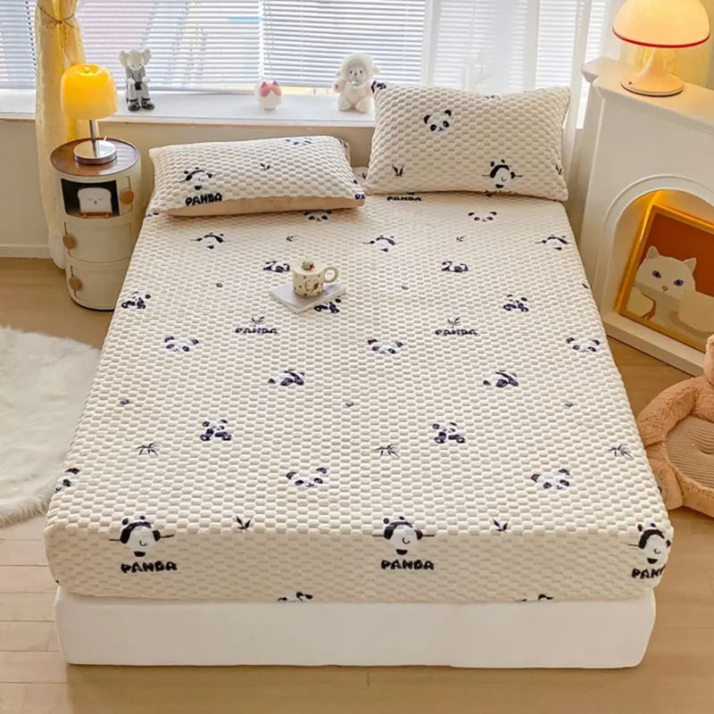 1pc Thickened Flannel Fitted Sheet Cute Panda Fleece Mattress Cover For 1.5/1.8m Winter Velvet Bed Floral Solid Home Textile