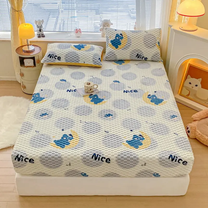 1pc Thickened Flannel Fitted Sheet Cute Panda Fleece Mattress Cover For 1.5/1.8m Winter Velvet Bed Floral Solid Home Textile