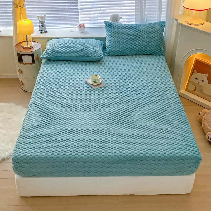 1pc Thickened Flannel Fitted Sheet Cute Panda Fleece Mattress Cover For 1.5/1.8m Winter Velvet Bed Floral Solid Home Textile