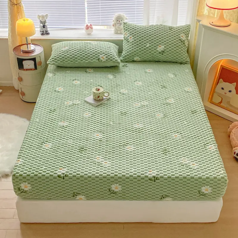 1pc Thickened Flannel Fitted Sheet Cute Panda Fleece Mattress Cover For 1.5/1.8m Winter Velvet Bed Floral Solid Home Textile