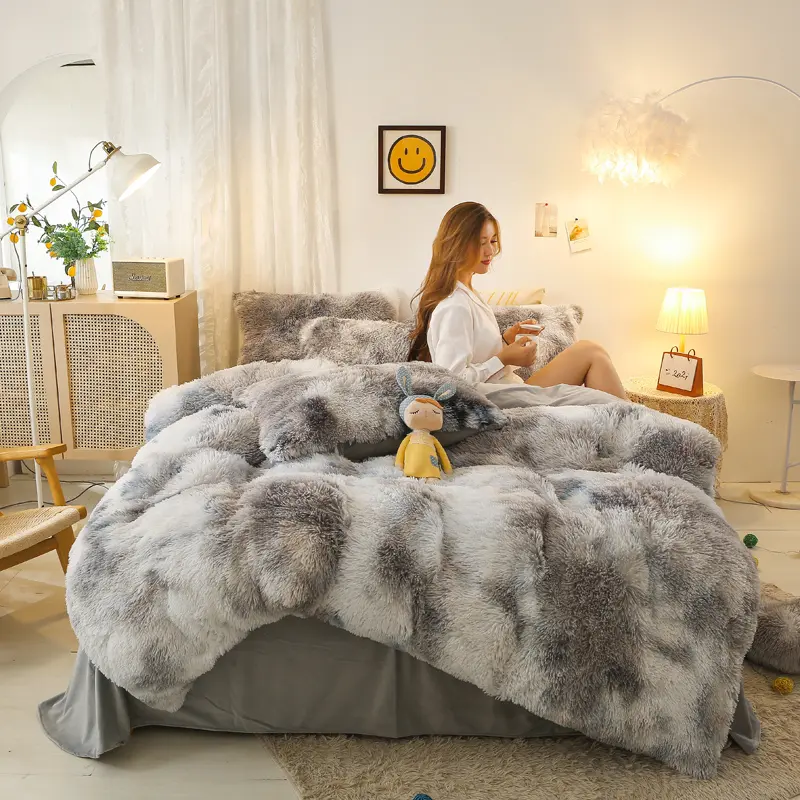 Long Hair Plush Flannel Bedding Set Color Tie-Dyed Duvet Cover European Style Fleece Home Linen Textile Winter Bedclothes