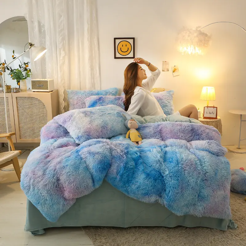 Long Hair Plush Flannel Bedding Set Color Tie-Dyed Duvet Cover European Style Fleece Home Linen Textile Winter Bedclothes