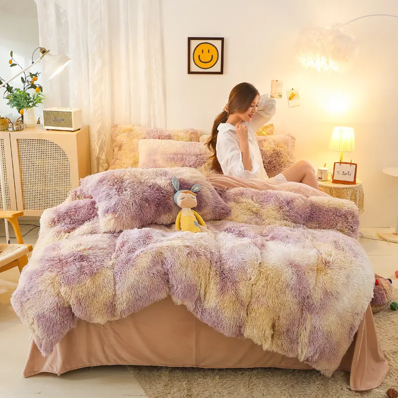 Long Hair Plush Flannel Bedding Set Color Tie-Dyed Duvet Cover European Style Fleece Home Linen Textile Winter Bedclothes