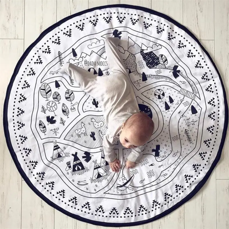 Canvas Baby Play Mat DIY Painting Floor Rug European Carpet Children World Map 135cm Round Climbing Pad Boy Girls Home Decor