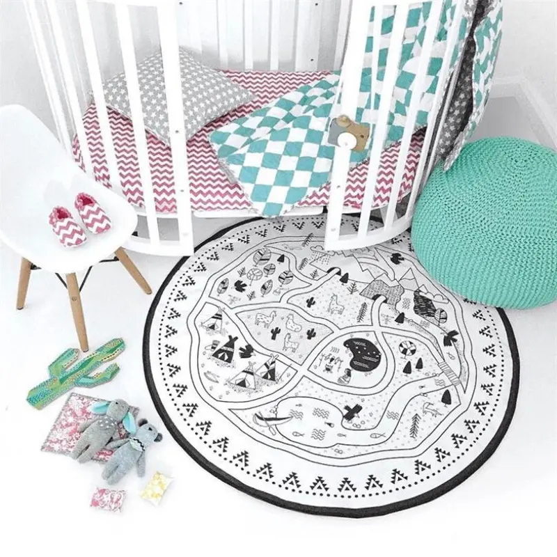 Canvas Baby Play Mat DIY Painting Floor Rug European Carpet Children World Map 135cm Round Climbing Pad Boy Girls Home Decor