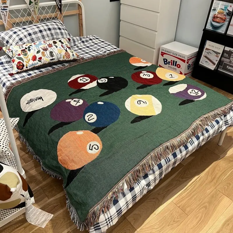 Tassel Throw Blanket for Home Sofa Billiards Theme Outdoor Activities Bed Plaid Blankets Camping Bedspread Cover American Style