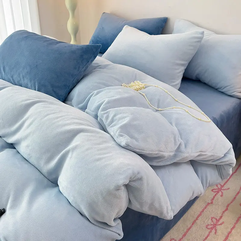 Flannel Fleece Comforter Cover,Solid Duvet Cover or Pillowcase,Warm Coral Fleece,Blue Grid Stripe,Home Bedding,Winter, 1/2Pcs