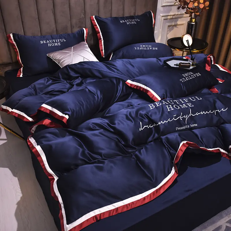Spring Summer Bedding Set,Luxury Embroidery Duvet Cover,Cool Washed Silk Home Linens Fitted Sheet,Imitation Ten cel Silk King