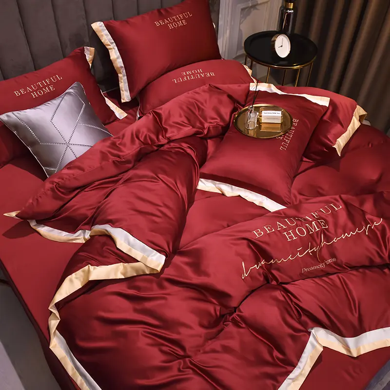 Spring Summer Bedding Set,Luxury Embroidery Duvet Cover,Cool Washed Silk Home Linens Fitted Sheet,Imitation Ten cel Silk King