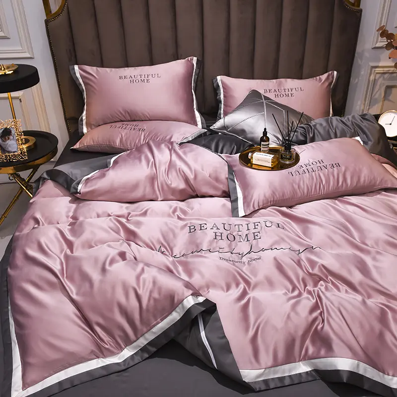 Spring Summer Bedding Set,Luxury Embroidery Duvet Cover,Cool Washed Silk Home Linens Fitted Sheet,Imitation Ten cel Silk King