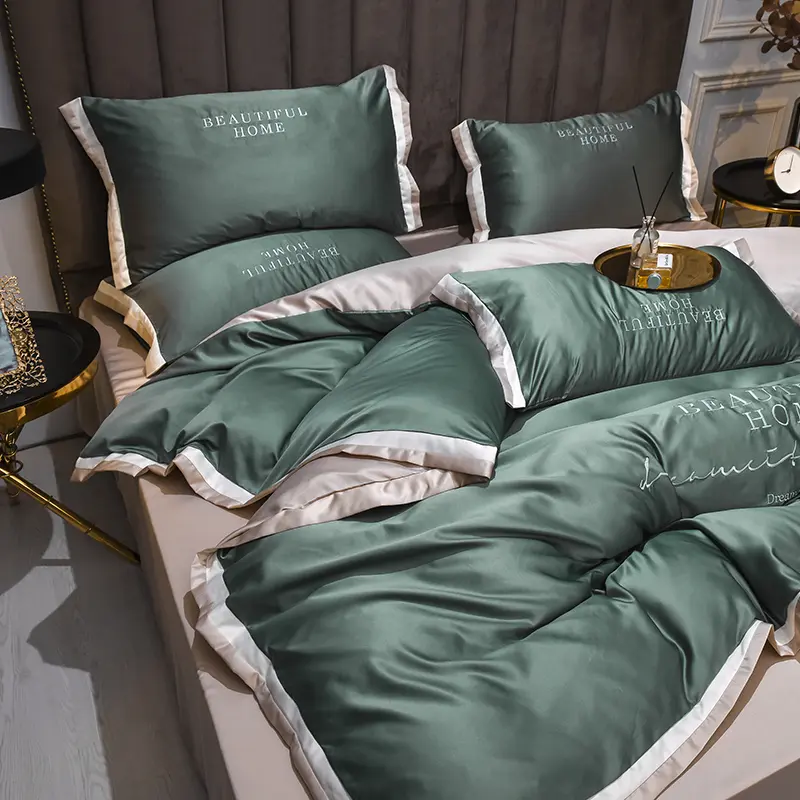 Spring Summer Bedding Set,Luxury Embroidery Duvet Cover,Cool Washed Silk Home Linens Fitted Sheet,Imitation Ten cel Silk King