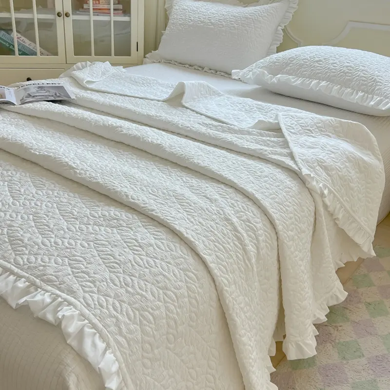 1/3pcs Korean White Quilted Leaf Ruffle Summer Quilt Or Air Condition Comforter+ Pillowcase Set,Blanket Home Bedspread 150*200cm