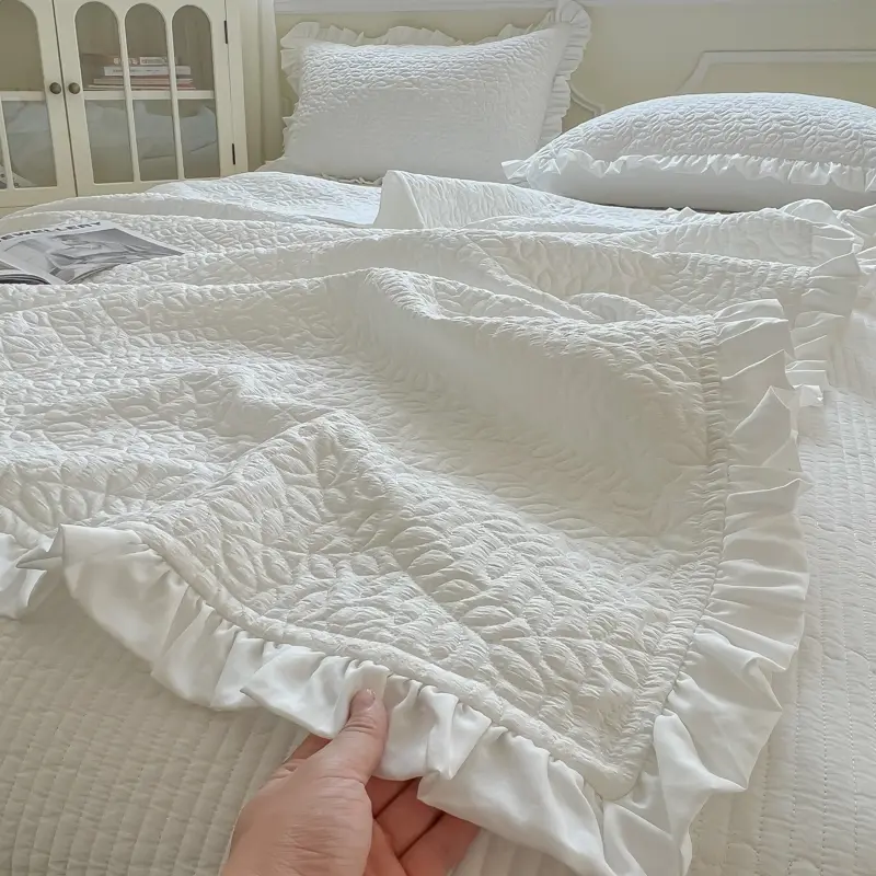 1/3pcs Korean White Quilted Leaf Ruffle Summer Quilt Or Air Condition Comforter+ Pillowcase Set,Blanket Home Bedspread 150*200cm