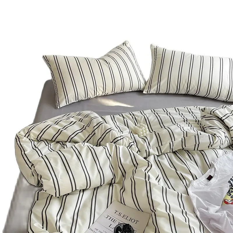 Home Bedding Set Retro Stripe Dot Pattern Duvet Cover Brushed Microfiber Pillowcase Flat Sheet Bedlinens For Winter Autumn Queen