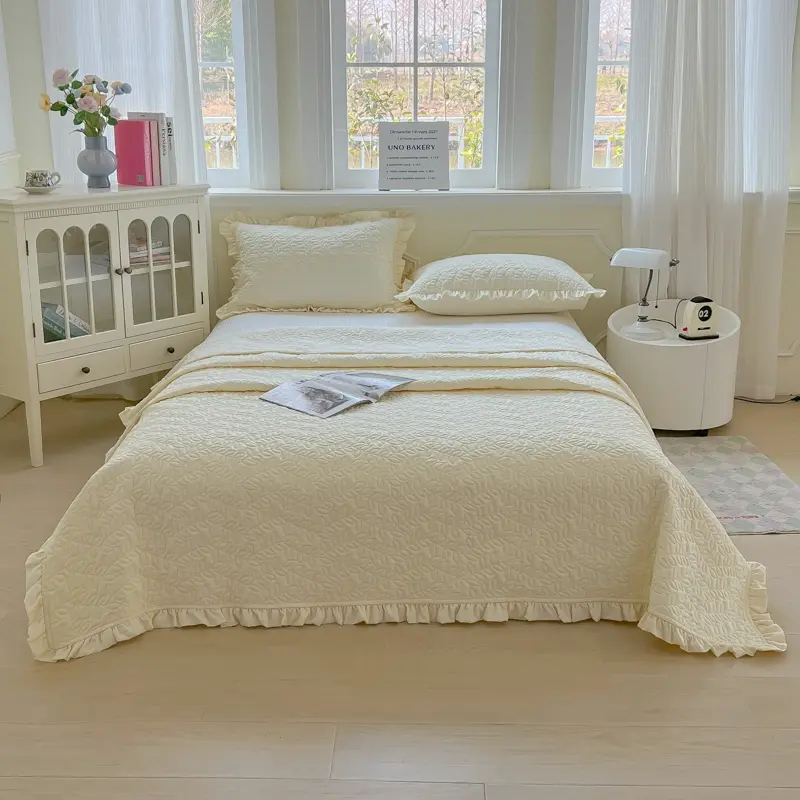 1/3pcs Korean White Quilted Leaf Ruffle Summer Quilt Or Air Condition Comforter+ Pillowcase Set,Blanket Home Bedspread 150*200cm