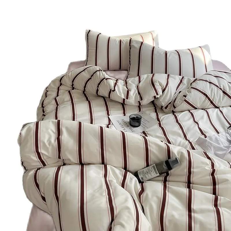 Home Bedding Set Retro Stripe Dot Pattern Duvet Cover Brushed Microfiber Pillowcase Flat Sheet Bedlinens For Winter Autumn Queen