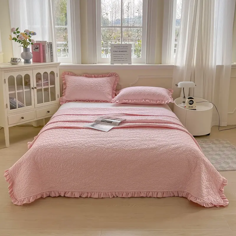 1/3pcs Korean White Quilted Leaf Ruffle Summer Quilt Or Air Condition Comforter+ Pillowcase Set,Blanket Home Bedspread 150*200cm
