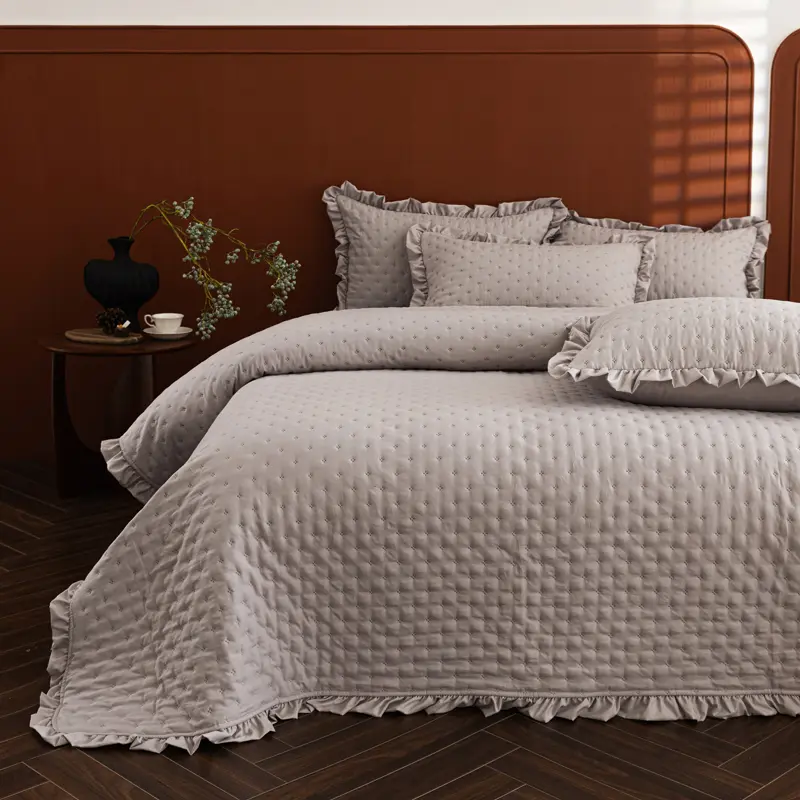 1pc Quilted Bedspread with Ruffle,Washed Cotton Bed Cover Or 2pcs Pillowcase,White Patchwork,Grey Mattress Topper Sheet 220*240