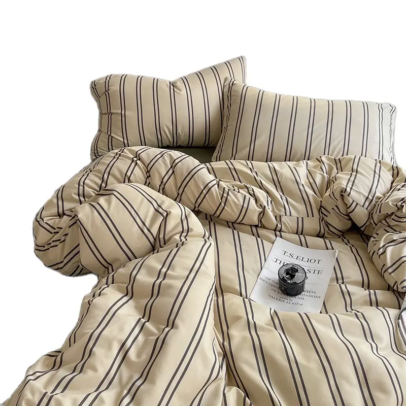 Home Bedding Set Retro Stripe Dot Pattern Duvet Cover Brushed Microfiber Pillowcase Flat Sheet Bedlinens For Winter Autumn Queen
