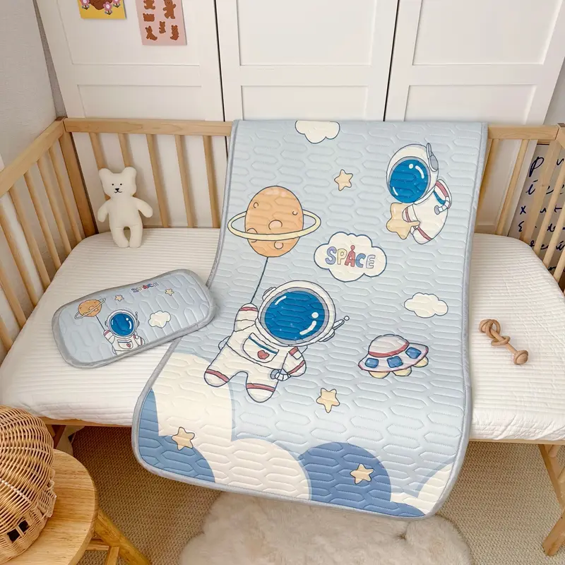 2025 2pcs Kids Viscose Latex Mat Set,Cute Cartoon Hamburger Astronaut Summer Bed Sheet Pad,Baby Child Home Bedding 60x120cm