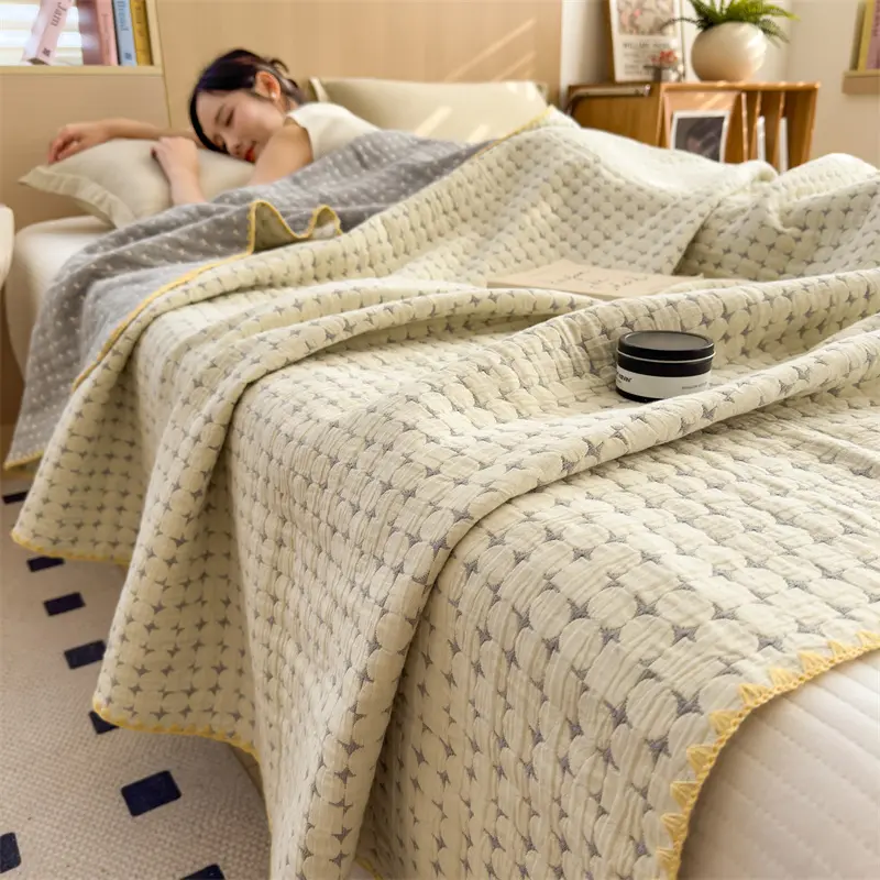 1pc Cotton Gauze Throw Blanket,Soft Quilted Floral Stripe Quilt,Air Condition Comforter,Grey Bed Cover Home Bedspread Bedding