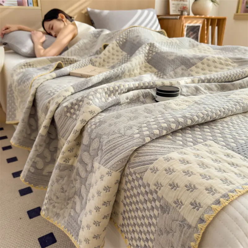 1pc Cotton Gauze Throw Blanket,Soft Quilted Floral Stripe Quilt,Air Condition Comforter,Grey Bed Cover Home Bedspread Bedding