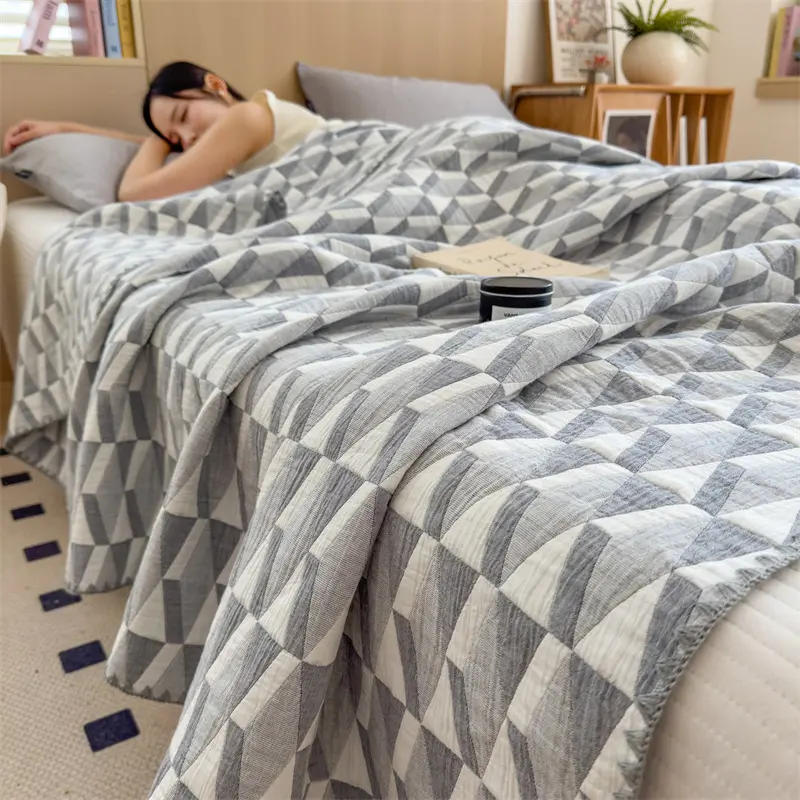 1pc Cotton Gauze Throw Blanket,Soft Quilted Floral Stripe Quilt,Air Condition Comforter,Grey Bed Cover Home Bedspread Bedding