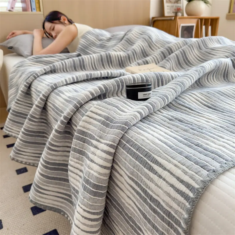 1pc Cotton Gauze Throw Blanket,Soft Quilted Floral Stripe Quilt,Air Condition Comforter,Grey Bed Cover Home Bedspread Bedding
