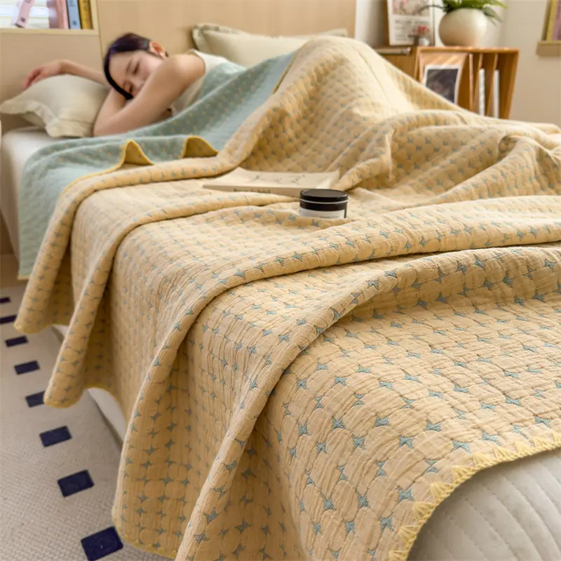 1pc Cotton Gauze Throw Blanket,Soft Quilted Floral Stripe Quilt,Air Condition Comforter,Grey Bed Cover Home Bedspread Bedding