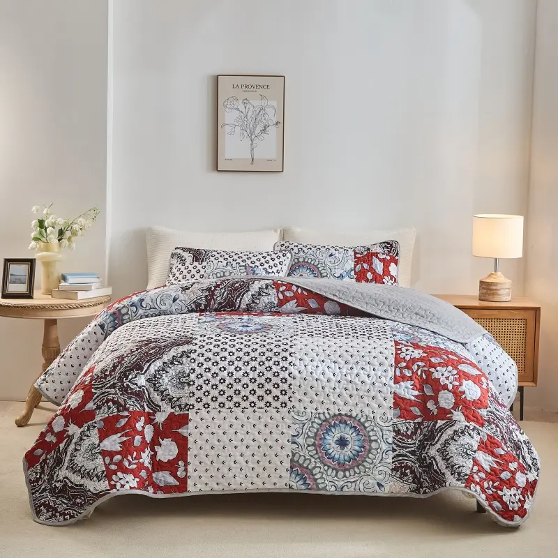 King Quilted Bedspread Set,Soft Microfiber Red Bed Cover+Pillowcase,Retro Flower Patchwork Mattress Topper Bed Sheets  narzuta