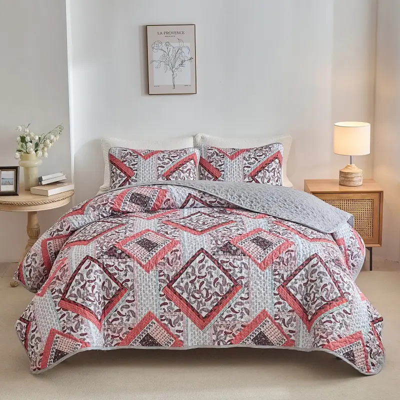 King Quilted Bedspread Set,Soft Microfiber Red Bed Cover+Pillowcase,Retro Flower Patchwork Mattress Topper Bed Sheets  narzuta