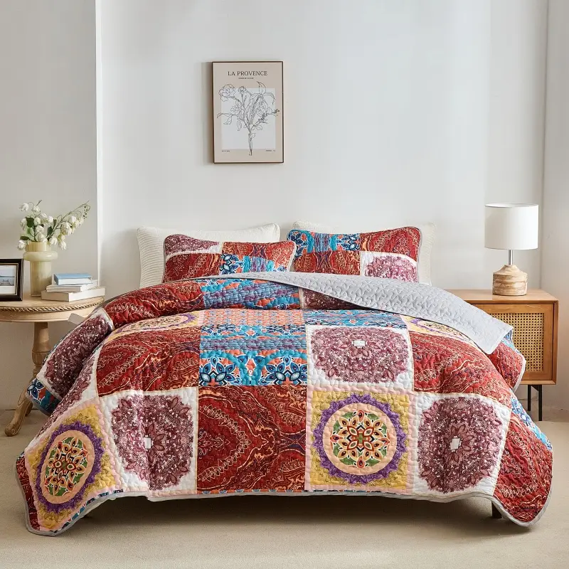 King Quilted Bedspread Set,Soft Microfiber Red Bed Cover+Pillowcase,Retro Flower Patchwork Mattress Topper Bed Sheets  narzuta