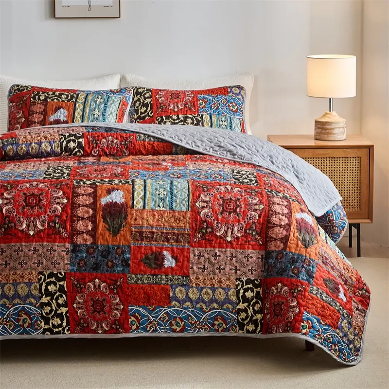 King Quilted Bedspread Set,Soft Microfiber Red Bed Cover+Pillowcase,Retro Flower Patchwork Mattress Topper Bed Sheets  narzuta