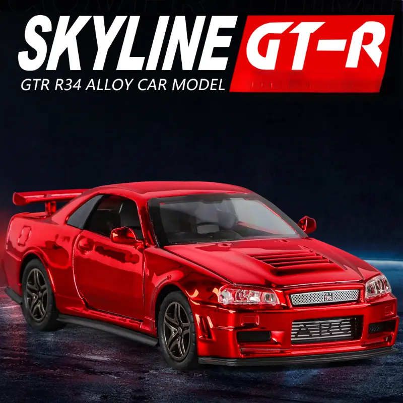 Electroplated 1:32 Nissan Skyline GTR-R34 Sport Car Model Sound Light Diecast Toy Vehicle Children Boy Gift Miniature Voiture
