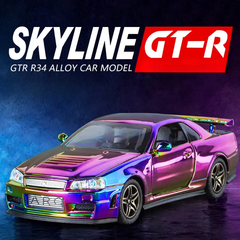 Electroplated 1:32 Nissan Skyline GTR-R34 Sport Car Model Sound Light Diecast Toy Vehicle Children Boy Gift Miniature Voiture