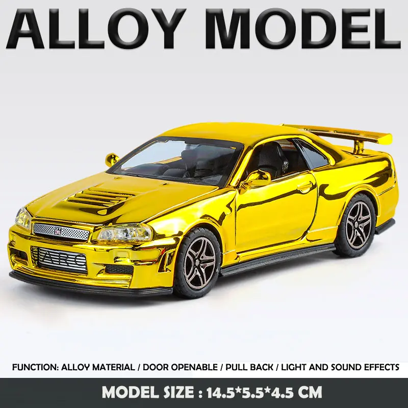 Electroplated 1:32 Nissan Skyline GTR-R34 Sport Car Model Sound Light Diecast Toy Vehicle Children Boy Gift Miniature Voiture