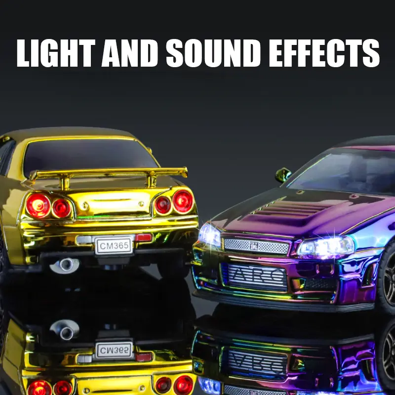 Electroplated 1:32 Nissan Skyline GTR-R34 Sport Car Model Sound Light Diecast Toy Vehicle Children Boy Gift Miniature Voiture