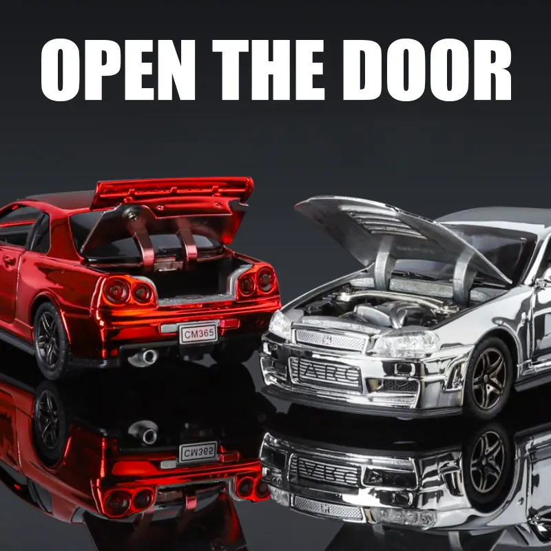Electroplated 1:32 Nissan Skyline GTR-R34 Sport Car Model Sound Light Diecast Toy Vehicle Children Boy Gift Miniature Voiture