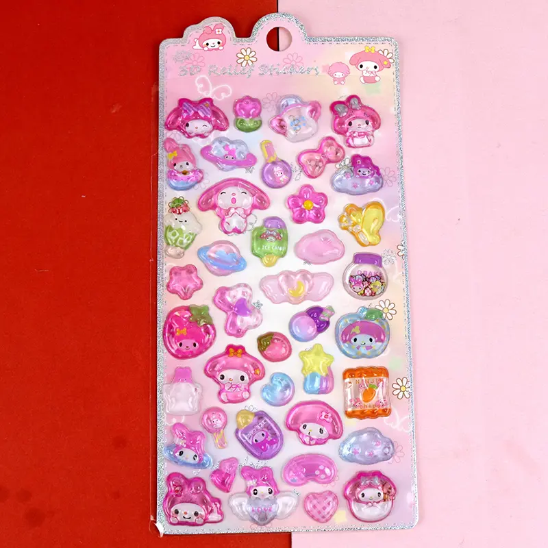 3D Stereoscopic Relief Crystal Sticker Children's Cartoon Sanrio Kuromi Melody Cinnamoroll KT Cat Sticker Children's Gift Toys